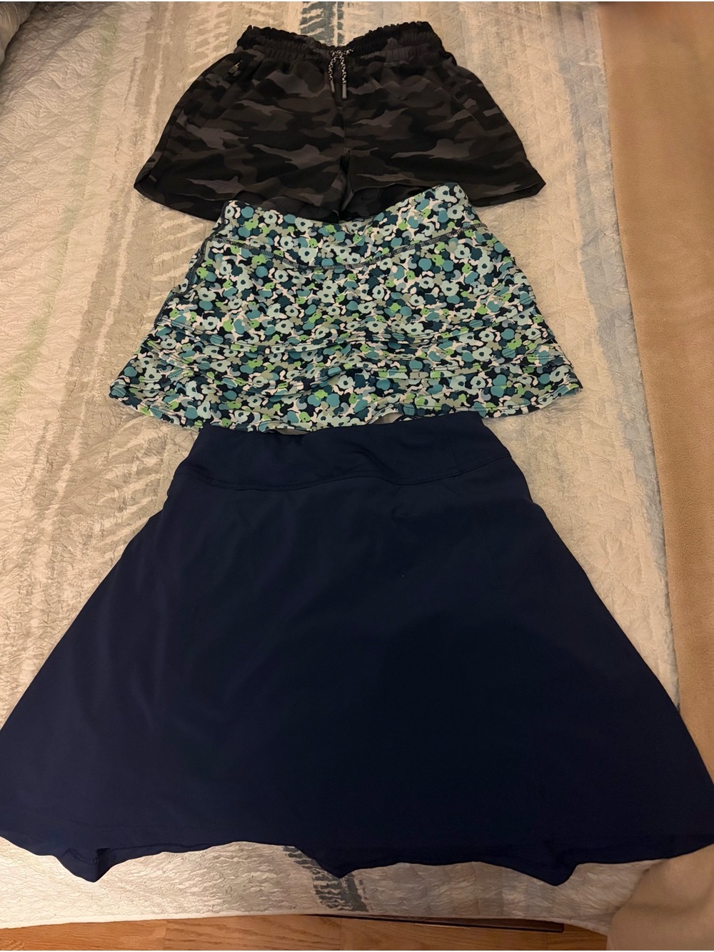 Athleta Navy Skort with Blue-Green Floral and Dark Camo Shorts - Girls